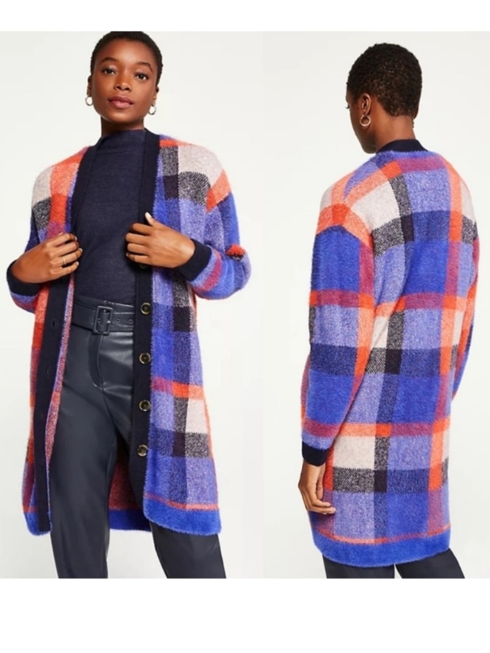 ANN TAYLOR Plaid Jacquard Boyfriend Cardigan Sweater Sz Small Purple Orange